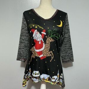 Onque Casual Women's Tunic Top Christmas Santa Reindeer Town Embellished Size M